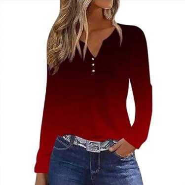 Imagem de Camisetas femininas casuais de verão com botões gradientes de manga comprida e gola V elegantes para outono túnicas leves e confortáveis, Vermelho, XXG