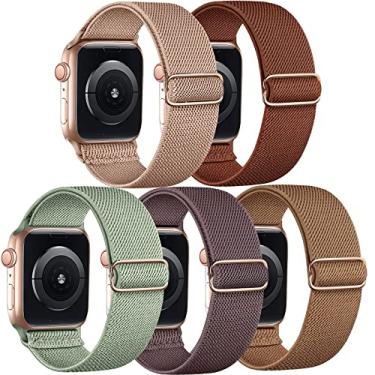 Imagem de Pacote com 5 pulseiras de nylon elástico compatível com Apple Watch SE Ultra 2 1, séries 10, 9, 8, 7, 6, 5, 4, 3, 2 e 1 de 40 mm, 41 mm, 42 mm, 44 mm, 45 mm, 46 mm, 49 mm, 4, 3, 2 e 1 de 40 mm, 40 mm,