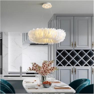 Imagem de Lustre moderno, luminária pendente de LED, pena branca com penas para pendurar na cozinha do quarto, cinza, 80 cm