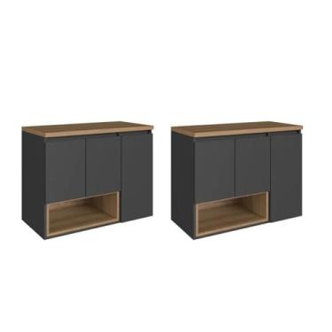 Imagem de Kit com 2 Gabinetes de Banheiro Suspenso 80cm Cecília com 3 Portas e 1 Nicho sem Cuba Mel/Grafite