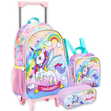 Imagem de Mochila De Rodinha Infantil Feminina Unicórnio Kit Bolsa Escolar Menina Kids Seanite Conjunto Mala Lancheira Térmica Estojo Unicorn Rosa