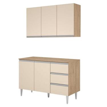 Imagem de Balcão com tampo e armario aereo milla amendoa off white puxador alumi