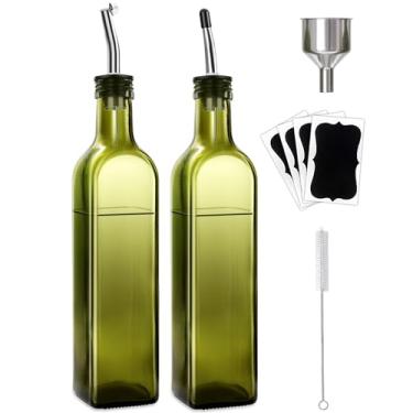 Imagem de Conjunto de 2 dispensadores de azeite de oliva de vidro verde e dispensador de vinagre com 2 dosadores de aço inoxidável Leaflai, 4 etiquetas, 1 escova, 1 funil (500 ml) para cozinha, cozinhar, molho