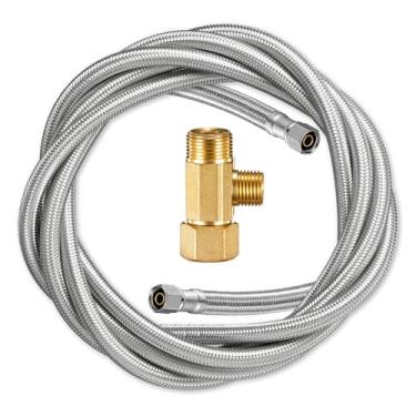 Imagem de Divisor de linha de água de latão e mangueira para kit de máquina de gelo de geladeira, tubo de suprimento de geladeira de aço inoxidável trançado de 3 cm com conexões de compressão de 0,6 cm e
