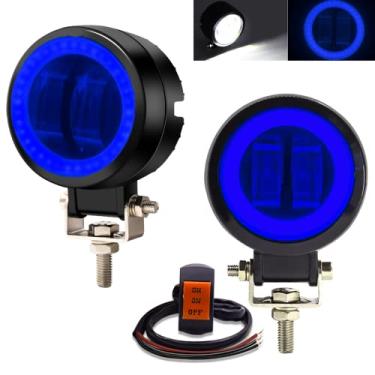Imagem de Luzes de LED para direção de motocicleta com halo azul, luzes de neblina redondas de motocicleta de 7,6 cm 20 W luzes auxiliares de LED para motocicleta caminhão off-road trator empilhadeira, azul (inclui interruptor)