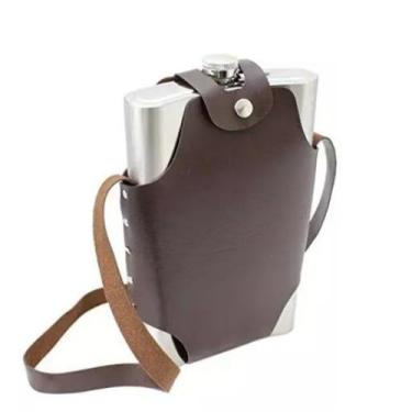 Imagem de Cantil Porta Bebida Com Bolsa Inox Whisky Vodka Rum 500 Ml Cor Marrom 