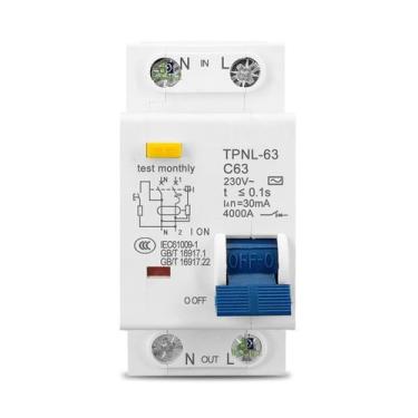 Imagem de Disjuntor DR Bipolar 110V 220V 36mm 63A 30mA - Tomzn