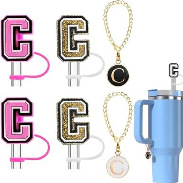 Imagem de Haundry Pacote com 4 capas de canudo para copo Stanley, tampa de palha reutilizável de 10 mm com 2 peças de acessórios de pingente de letra inicial para copo Stanley com alça, ouro rosa C