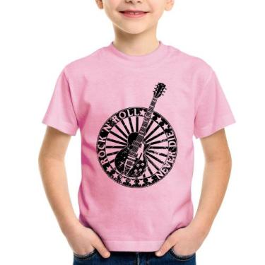 Imagem de Camiseta Infantil Rock n Roll Never Die Guitarra - Foca na Moda, Rosa 