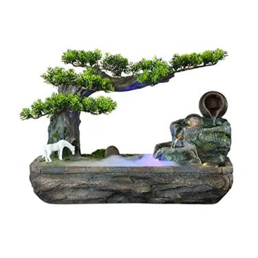 Imagem de Fonte de mesa fonte de água interior Rockery chinês árvores falsas fonte de mesa com bola rolante e bombas, fonte para decoração de escritório em casa, quarto, mesa, fonte interna