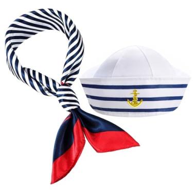 Imagem de Chapéu de capitão de iate, chapéu de marinheiro, cachecol, óculos de sol, chapéu de marinheiro, fantasia de barco para homens e mulheres, capitães, festa de fantasia, Conjunto de 2 peças, tamanho �