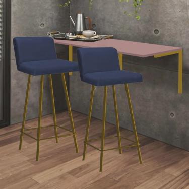 Imagem de Kit Mesa Suspensa de Parede Fixa mdf Rosa + 2 Banquetas Lexi Ferro Dourado Suede Azul Marinho - Ahazzo Móveis