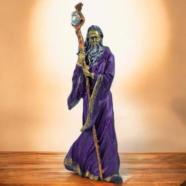 Imagem de Estatueta Mago Merlin Medieval com Cajado da Luz Bruxo Decorativo em R