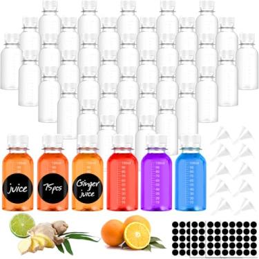 Imagem de 75 garrafas pequenas de plástico de 100 ml para líquidos com tampas, garrafa reutilizável de gengibre com tampas, mini garrafas à prova de vazamento com escala para suco, licor, uísque líquido e