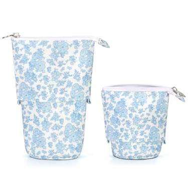 Imagem de KPX Estojo Fofo Para Crianças, De Maquiagem Pop-Up Lápis, Organizador Canetas Chá Bolhas, Bolsa Cosméticos, Artigos Papelaria Kawaii (Flores Azuis)