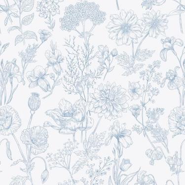 Imagem de EeeComing Papel de parede floral Peel and Sick Boho Contact Paper Moderno Branco e Azul Peel and Stick Papel de parede autoadesivo removível para quarto, armários de banheiro, rolo de vinil 43 x 497