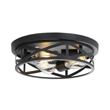 Imagem de WYNEYET Luminárias De Teto Estilo Gaiola De Fazenda, 3 Luzes Internas Rentes Ao Teto, Luzes De Teto Embutidas De Metal Vintage Redondas De 11 Polegadas Para Quarto, Sala De Estar, Varanda, Cozinha E