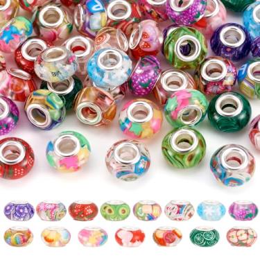 Imagem de Spritewelry Contas europeias de 14 mm com orifício grande 60 peças de resina Rondelle espaçador conta de artesanato com núcleos de liga e padrão para artesanato DIY pulseira colar orifício: 5 mm