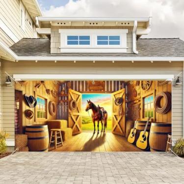 Imagem de BlissYard Banner de garagem de 4 x 1,8 m, pano de fundo ocidental, capa de porta de garagem de boas-vindas, decoração de celeiro de cavalo do oeste selvagem, decoração de fotos de férias para