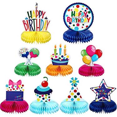 Imagem de Frienda 9 peças coloridas de decoração de feliz aniversário, bolas de colmeia multicor, centros de mesa, pompons de aniversário para crianças, festa de aniversário e chá de bebê