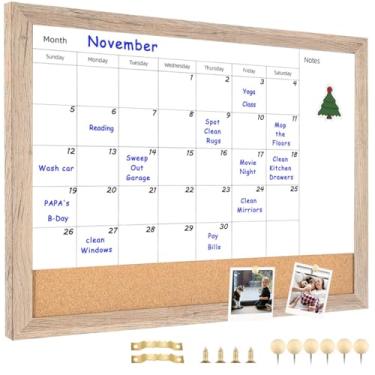 Imagem de Umtiti Calendário mensal quadro branco apagável a seco e quadro de avisos de cortiça, moldura de madeira marrom claro de 33 x 43 cm, quadro branco de superfície magnética. Perfeito para organizar seu