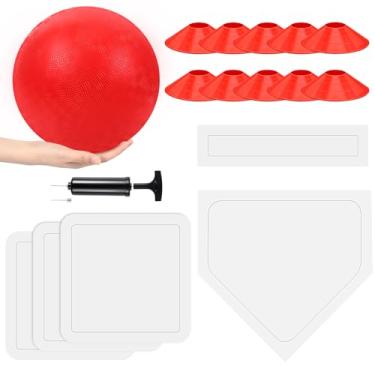 Imagem de Hiboom Conjunto de 16 peças de kickball esportivo inclui bola de playground de 25 cm, 5 bases de borracha para baixo, bomba de bola 10 cones de linha suja para crianças, adultos, playground, escola,