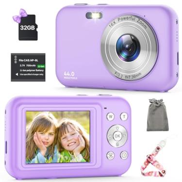 Imagem de Câmera digital, câmera infantil com cartão de 32 GB, câmera vlogging FHD 1080p 44MP, câmera digital com ponto de zoom e disparo de 16x, câmeras compactas portáteis recarregáveis para adolescentes,