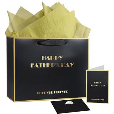 Imagem de HAHZY Bolsa de presente de Dia dos Pais, conjunto de sacolas de feliz dia dos pais - papel de seda, cartão de felicitações, adesivo, envelope, bolsa de presente média de 32 cm para festa, sacolas de