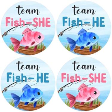 Imagem de Cheereveal Decorações de Revelação de Gênero de Pesca, 100 Peças Adesivos de Equipe de Peixes Azul e Rosa, Tema Gone Fishing Artigos de Festa para Chá de Bebê 4,77 cm