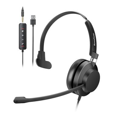 Imagem de Rownfusny Fone de ouvido USB com microfone para PC e laptop – Fones de ouvido intra-auriculares com redução de ruído com controle de volume em linha, botão de atendimento de chamadas para equipes de