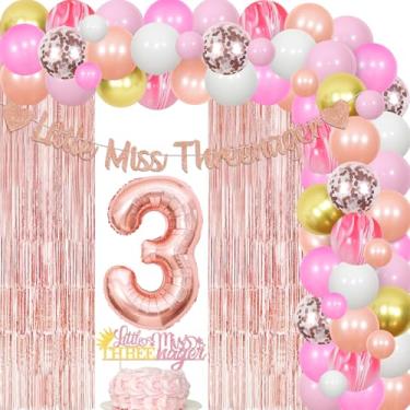 Imagem de JOYMEMO Decoração De 3º Aniversário Da Pequena Miss Threenager Em Ouro Rosé Para Menina - Kit Arco Com Guirlanda Balões Formato Coroa, Faixa, Topo Bolo, Cortina Franjas Alumínio, Artigos Festa Três