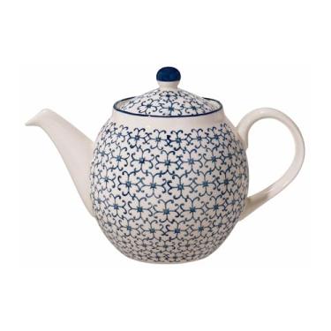 Imagem de Nordring Bule de chá Kristina com padrão, pote para chá de folhas soltas com orifícios internos para coar chá de folhas grandes, azul, grés, conteúdo de 1,134 g, decoração de carimbo feito à mão