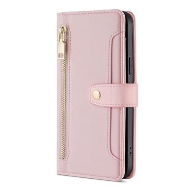 Imagem de LYJSMGZ Capa carteira com zíper para iPhone 16E, capa flip de couro liso com compartimentos para cartões, capa de telefone com borda macia, capa de proteção completa, rosa, 16E