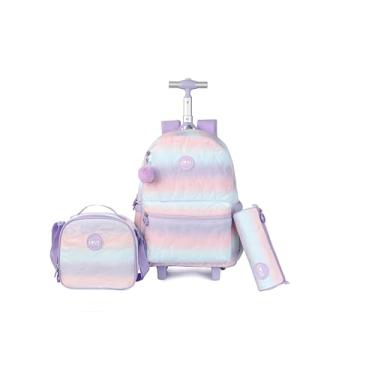 Imagem de kingdisen Wheels Mochila infantil com rodinhas para bagagem primária, mochila escolar com lancheira, conjunto de 3 peças, Roxo acolchoado, Large, Divertido e fofo