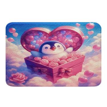 Imagem de Erosebridal Pinguim Tapetes de banheiro 40,6 cm x 61 cm para meninas, tapete de banho Love Heart Box com design de laço, tapetes florais românticos de rosas rosas para mulheres, tapete de banho