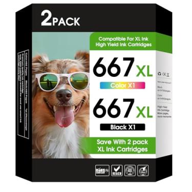 Imagem de YATUNINK Cartuchos de tinta 667XL 667 pretos e coloridos compatíveis com cartuchos de tinta HP 667, funciona com impressora DeskJet 1275 2374 2375 2376 2775 2776 6075 6475 6476 (1 preto, 1 cor) pacote