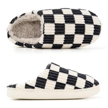 Imagem de ROPULP Pantufas Para Mulheres/Homens, Chinelos Xadrez, Xadrez Modernos Adolescentes, De Algodão Felpudo Uso Interno, Sapatos Masculinos Espuma Viscoelástica Quarto E Casa
