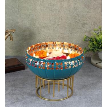 Imagem de Two Moustaches Tigela decorativa de metal Urli de 20 cm com suporte, tigela Urli para decoração de casa, tigela de decoração de flores, presentes de inauguração de casa, multicolorida, pacote com 1