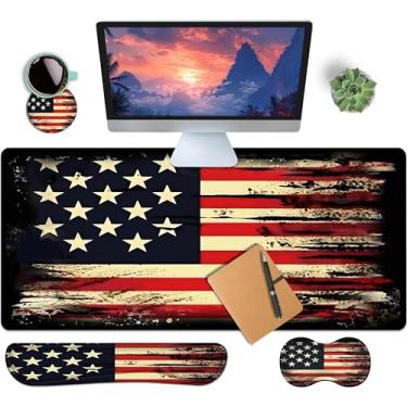 Imagem de HaoSiTeck Conjunto de mouse pad grande estendido de 4 peças para mulheres e homens com design de bandeira retrô inclui 90 x 40 XGG grande mouse pad teclado descanso de pulso mouse suporte de pulso e