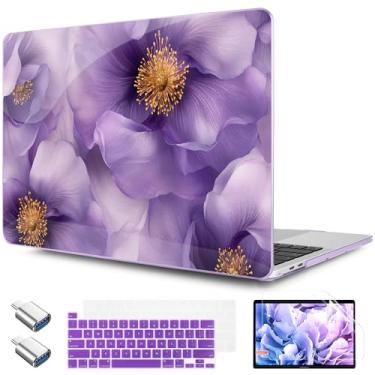 Imagem de TWOLSKOO Capa compatível com MacBook Pro de 13 polegadas 2023-2016 A2338 M2/M1 A2251 A2289 A2159 A1989 A1706, capa rígida de plástico e película de teclado e protetor de tela, flores roxas