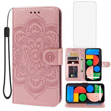 Imagem de Bohefo Capa para Pixel 5, capa carteira Google 5 GD1YQ com protetor de tela de vidro temperado, capa flip de couro mandala em relevo com suporte para cartão de crédito para Google Pixel 5 ouro rosa