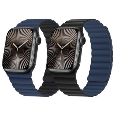 Imagem de HITZEE Pulseira magnética reversível dupla face compatível com Apple Watch 42(S10)/41/40/38 mm, pulseira de silicone macio para Apple Watch séries 10, 9, 8, 7, SE 6-1 (42/41/40/38, azul escuro/preto)