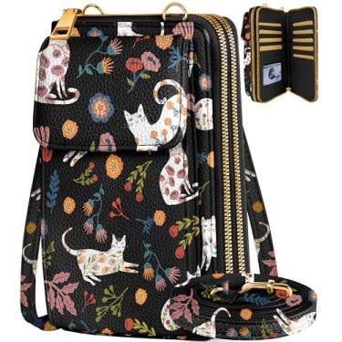 Imagem de Miss Adola Bolsa de telefone feminina – Lindas bolsas transversais, carteira para celular com alça ajustável, zíper e compartimentos para cartão, Flower Cats