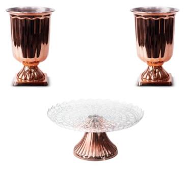 Imagem de Kit Decoração Festa 1 Boleira Cake Renda Esmeralda + 2 Vasos Grego Gold Linha Gold (ROSE GOLD)