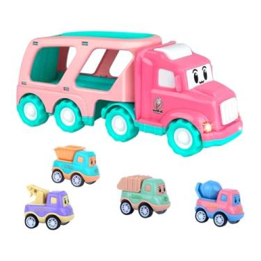 Imagem de TTETTZ 5 peças carro caminhão de polícia carros de brinquedo armazenamento e transportador brinquedo dupla camada engraçado veículos de energia de fricção, Rosa