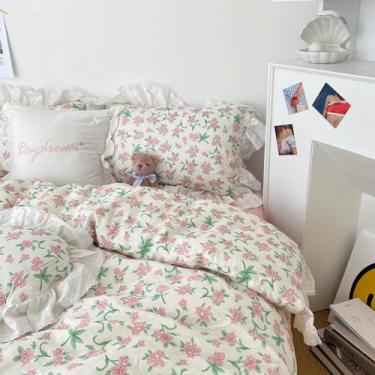 Imagem de HighBuy Conjunto de edredom de renda romântico com 2 babados e 2 fronhas de renda com babados, coquette Cottagecore, conjunto de cama com 3 peças, estilo shabby chique, floral, 3 peças