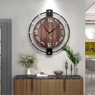 Imagem de Relógio de parede de casa de fazenda de madeira com círculo de metal, silencioso, sem tique-taque, operado por bateria, rústico, redondo, moderno, grande relógio de parede de madeira para sala de