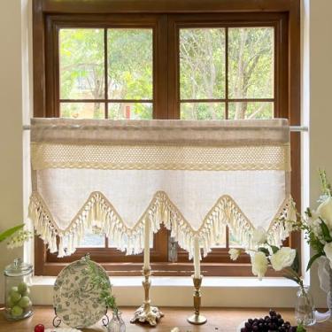 Imagem de Sanefas de crochê Boho para janelas cozinha macramê linho transparente sanefa com borlas vintage casa de fazenda bege rústico crochê para café sala de jantar bolso de haste 1 painel (bege, L99 C 18