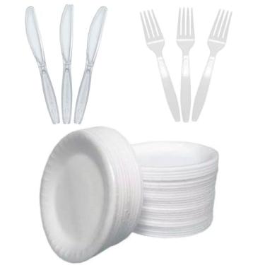 Imagem de Kit Churrasco Feijoada Refeição 100 Pratos Isopor 23cm 100 Faca 100 Garfo Descartável
