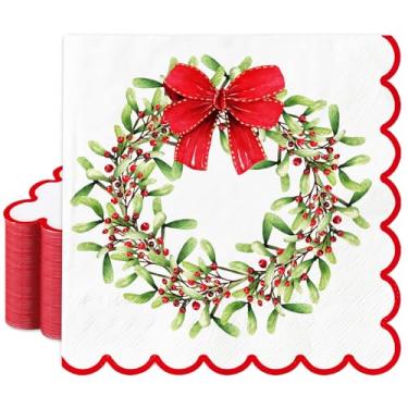 Imagem de AnyDesign Guardanapos de papel de Natal com laço, guirlanda de azevinho e baga recortada, guardanapos descartáveis em aquarela, almoço, jantar, guardanapo, para Natal, inverno, férias, festas